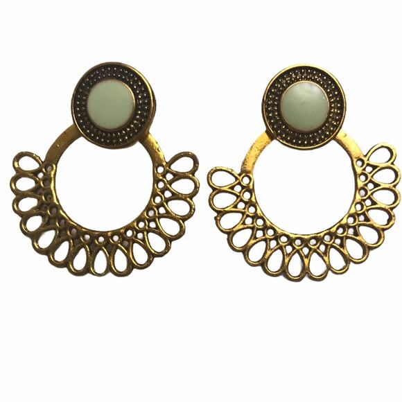 Filigree Hoop Stud Earrings Gold Green - Picture 2 of 7